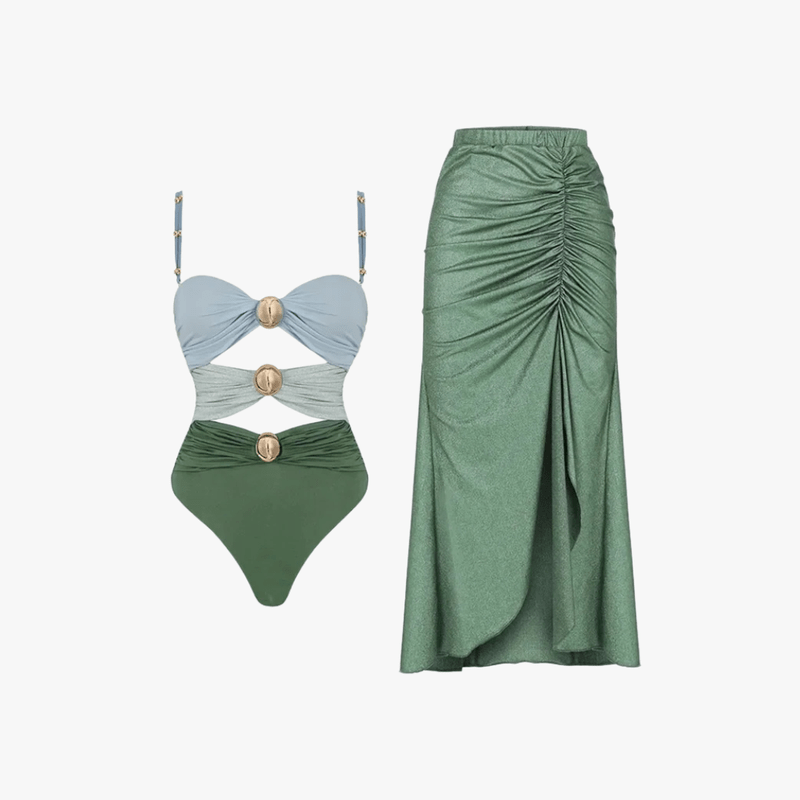 Modinzi swimwear Green / 8 (S) Women’s Cutout Swimsuit with High-Waist Cover-Up Skirt