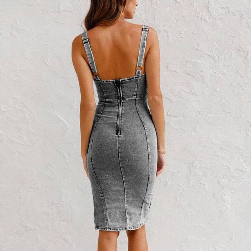 Modinzi Mini Dress Women’s Denim Midi Dress – Sleeveless Bodycon Dress with Side Slit