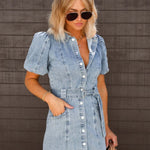 Modinzi Mini Dress Blue / 8 (S) Women’s Denim Shirt Dress – Belted Short Sleeve Button-Down Mini