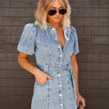Modinzi Mini Dress Blue / 8 (S) Women’s Denim Shirt Dress – Belted Short Sleeve Button-Down Mini