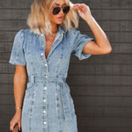 Modinzi Mini Dress Women’s Denim Shirt Dress – Belted Short Sleeve Button-Down Mini