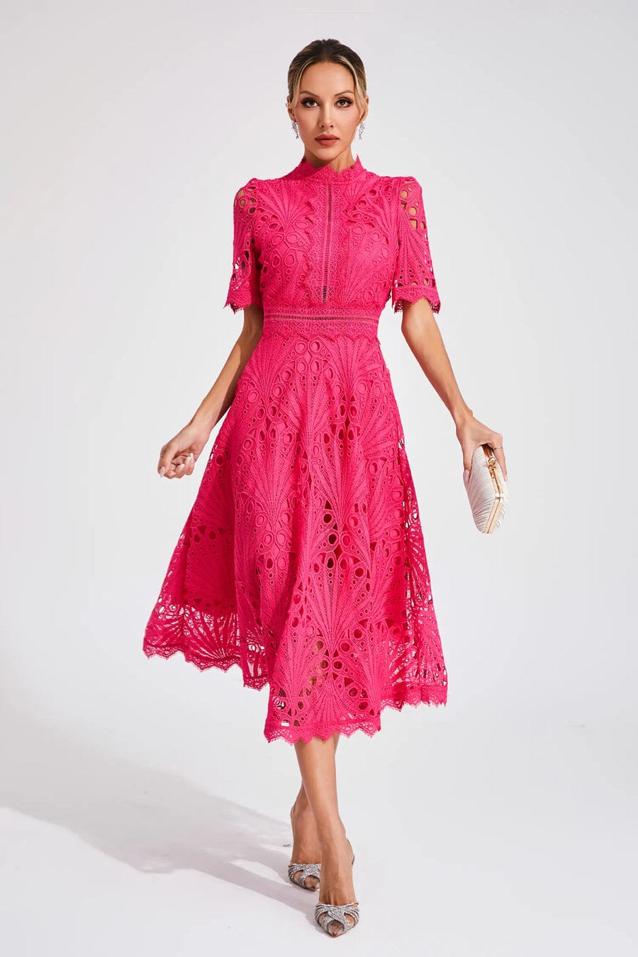 Modinzi Midi dress Pink / 8 (S) Women’s Elegant Lace Midi Dress – High Neck, Short Sleeve A-Line Cocktail Dress