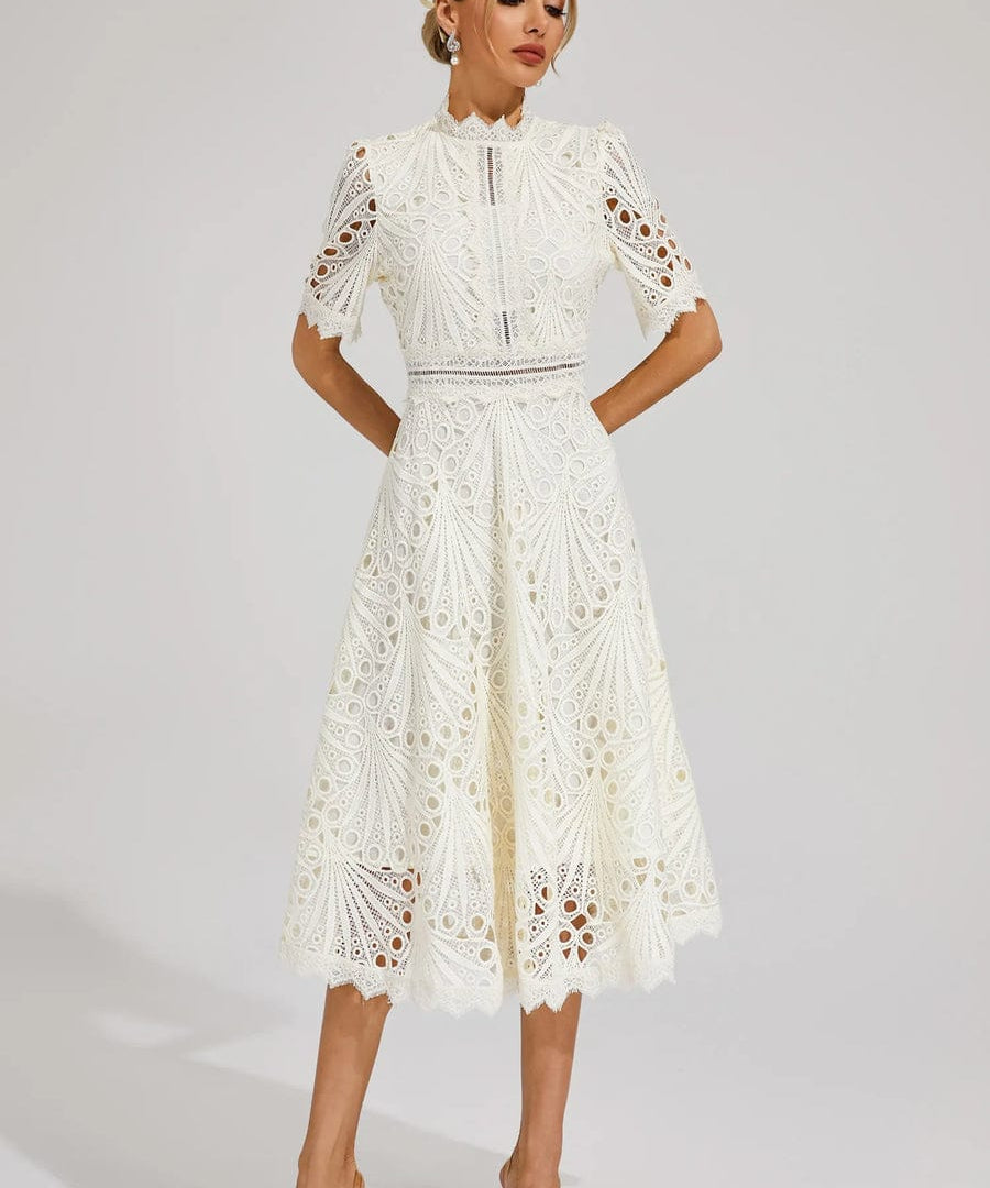Modinzi Midi dress White / 8 (S) Women’s Elegant Lace Midi Dress – High Neck, Short Sleeve A-Line Cocktail Dress