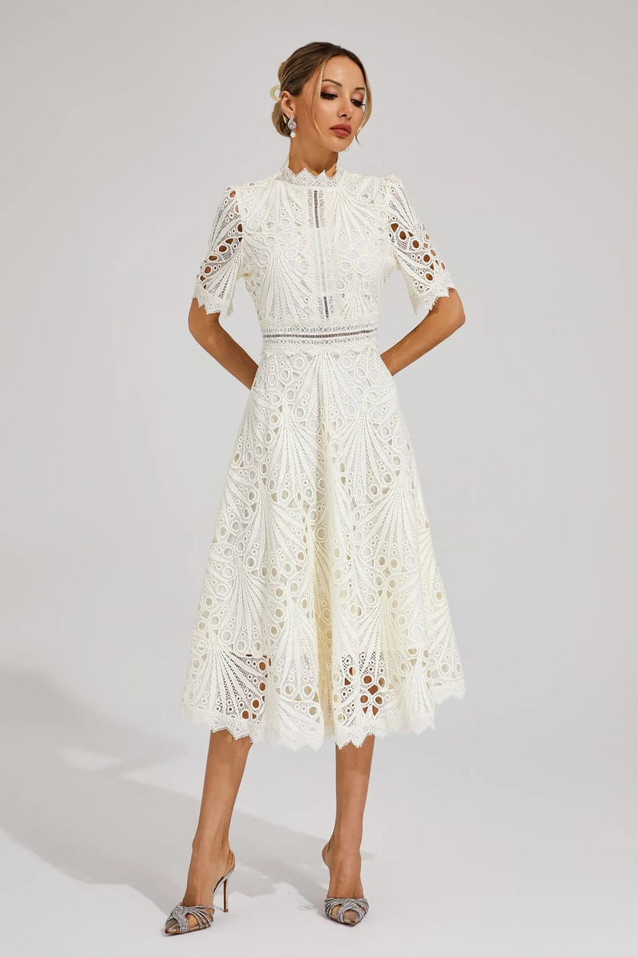 Modinzi Midi dress White / 8 (S) Women’s Elegant Lace Midi Dress – High Neck, Short Sleeve A-Line Cocktail Dress
