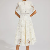Modinzi Midi dress White / 8 (S) Women’s Elegant Lace Midi Dress – High Neck, Short Sleeve A-Line Cocktail Dress