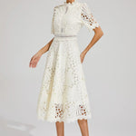 Modinzi Midi dress Women’s Elegant Lace Midi Dress – High Neck, Short Sleeve A-Line Cocktail Dress