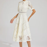 Modinzi Midi dress Women’s Elegant Lace Midi Dress – High Neck, Short Sleeve A-Line Cocktail Dress