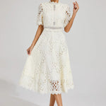 Modinzi Midi dress Women’s Elegant Lace Midi Dress – High Neck, Short Sleeve A-Line Cocktail Dress