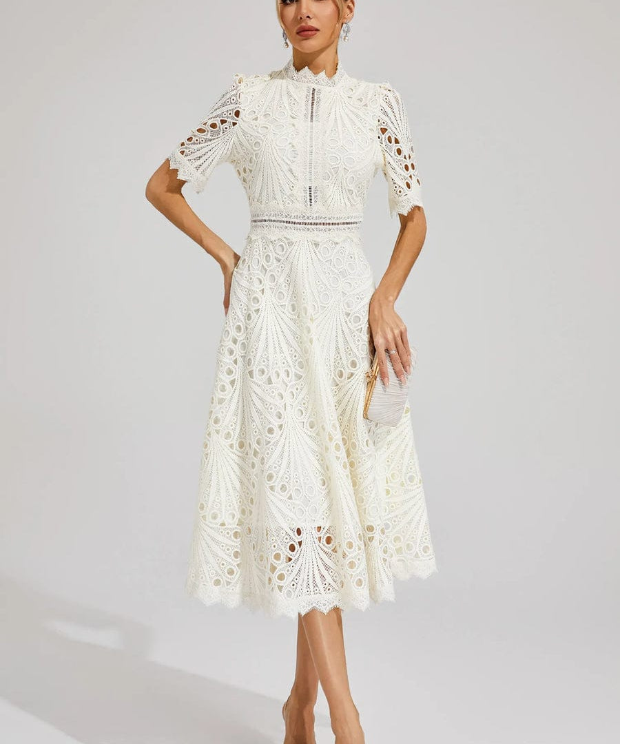 Modinzi Midi dress Women’s Elegant Lace Midi Dress – High Neck, Short Sleeve A-Line Cocktail Dress