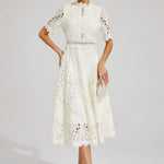 Modinzi Midi dress Women’s Elegant Lace Midi Dress – High Neck, Short Sleeve A-Line Cocktail Dress