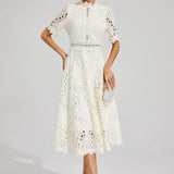 Modinzi Midi dress Women’s Elegant Lace Midi Dress – High Neck, Short Sleeve A-Line Cocktail Dress