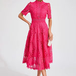 Modinzi Midi dress Women’s Elegant Lace Midi Dress – High Neck, Short Sleeve A-Line Cocktail Dress