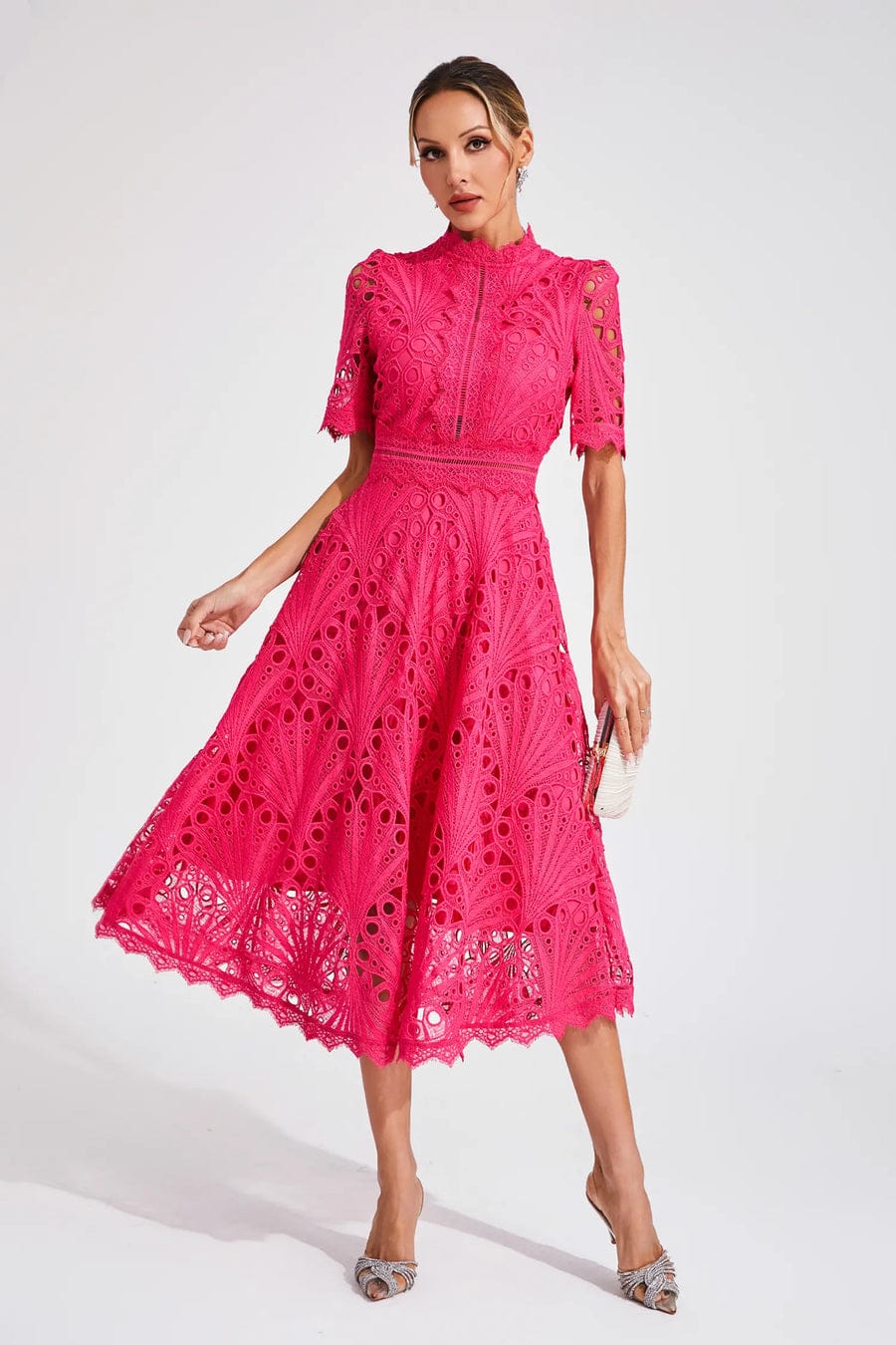Modinzi Midi dress Women’s Elegant Lace Midi Dress – High Neck, Short Sleeve A-Line Cocktail Dress