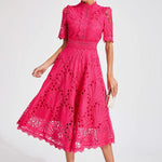 Modinzi Midi dress Women’s Elegant Lace Midi Dress – High Neck, Short Sleeve A-Line Cocktail Dress