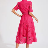 Modinzi Midi dress Women’s Elegant Lace Midi Dress – High Neck, Short Sleeve A-Line Cocktail Dress