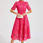 Modinzi Midi dress Women’s Elegant Lace Midi Dress – High Neck, Short Sleeve A-Line Cocktail Dress