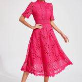 Modinzi Midi dress Women’s Elegant Lace Midi Dress – High Neck, Short Sleeve A-Line Cocktail Dress