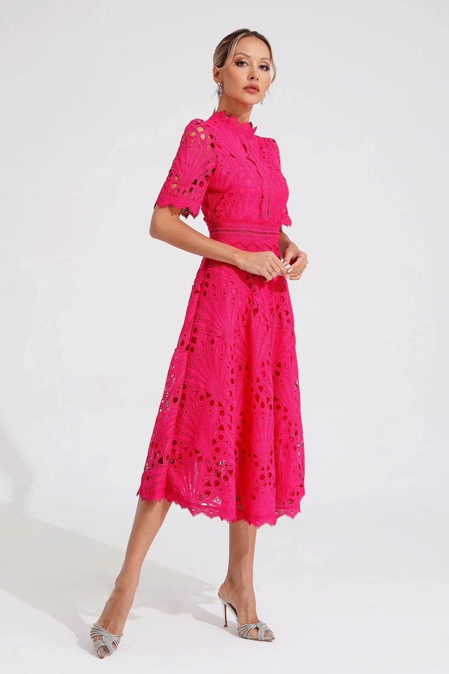 Modinzi Midi dress Women’s Elegant Lace Midi Dress – High Neck, Short Sleeve A-Line Cocktail Dress