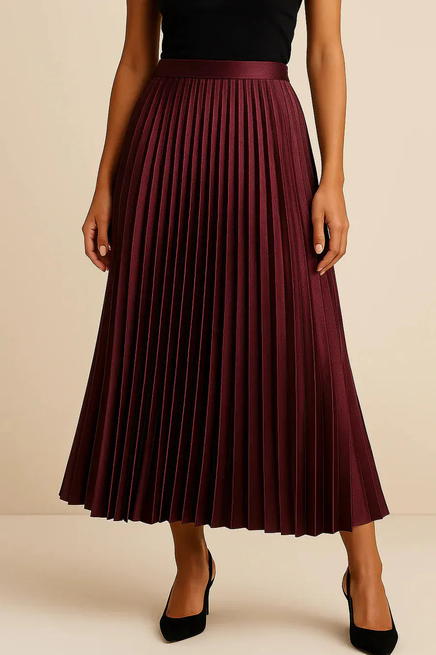 Modinzi skirt bordeaux / 8 (S) Women’s Elegant Pleated Midi Skirt – High Waist A-Line Flowing Skirt