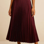 Modinzi skirt bordeaux / 8 (S) Women’s Elegant Pleated Midi Skirt – High Waist A-Line Flowing Skirt
