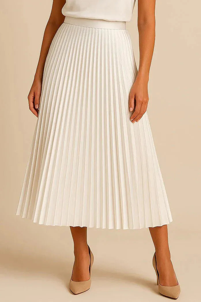 Modinzi skirt white / 8 (S) Women’s Elegant Pleated Midi Skirt – High Waist A-Line Flowing Skirt