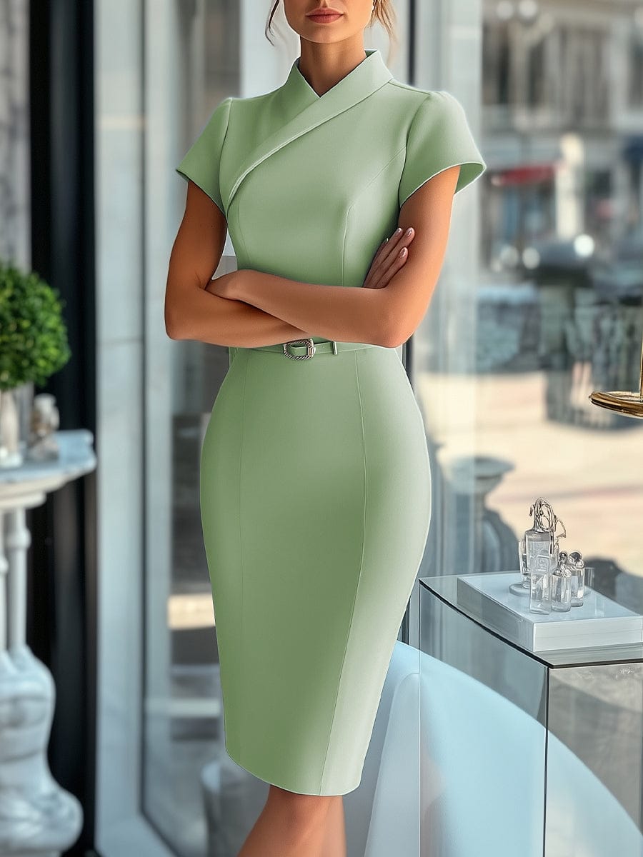 Modinzi Midi dress Green / 6 (XS) Women’s Elegant Short Sleeve Belted Sheath Dress – Wrap Neckline Midi Dress