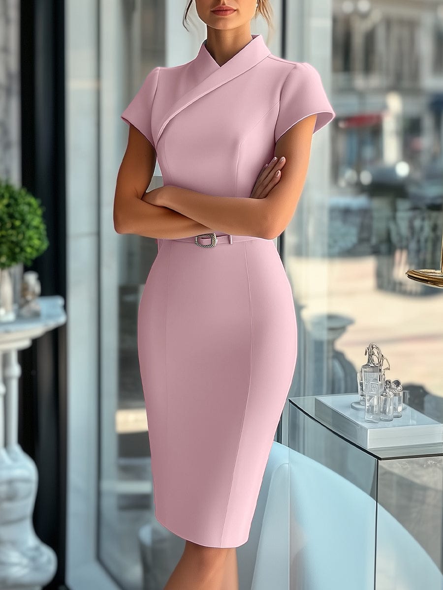 Modinzi Midi dress Pink / 6 (XS) Women’s Elegant Short Sleeve Belted Sheath Dress – Wrap Neckline Midi Dress