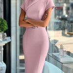 Modinzi Midi dress Pink / 6 (XS) Women’s Elegant Short Sleeve Belted Sheath Dress – Wrap Neckline Midi Dress