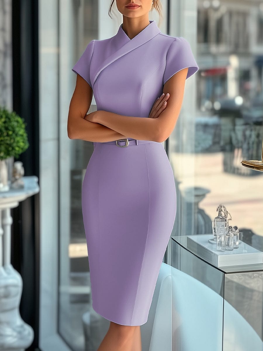 Modinzi Midi dress Purple / 6 (XS) Women’s Elegant Short Sleeve Belted Sheath Dress – Wrap Neckline Midi Dress