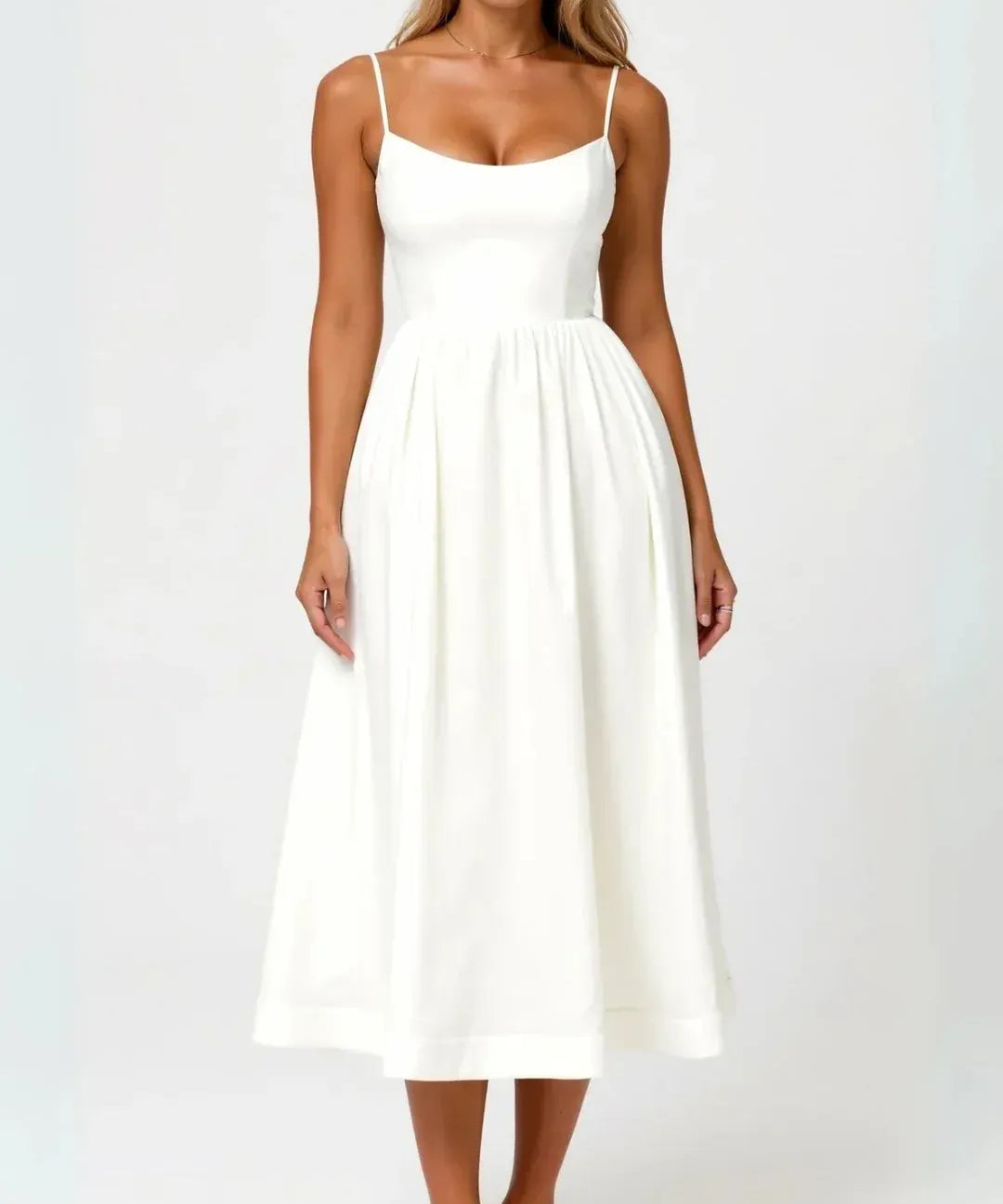 Modinzi Midi dress White / 8 (S) Women’s Elegant Spaghetti Strap Midi Dress – Flared Pleated A-Line Summer Dress