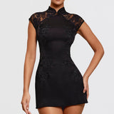 Modinzi Mini Dress black / 8 (S) Women’s Embroidered Lace Cheongsam Mini Dress – Elegant Evening Bodycon