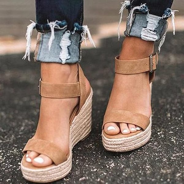 Modinzi Sandals Beige / 3 Women’s Espadrille Wedge Sandals – Ankle Strap Platform Open Toe