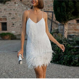 Modinzi Mini Dress White / 8 (S) Women's Feather Fringe Sequin Mini Dress