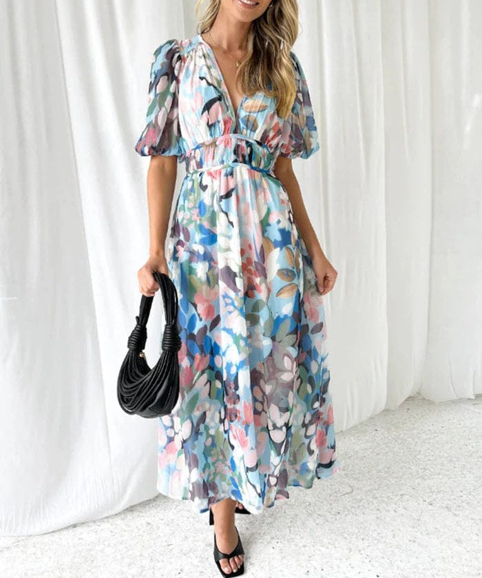 Modinzi Maxi dress Blue / 8 (S) Women’s Floral Chiffon Maxi Dress – Elegant V-Neck Flowing Long Dress with Belt