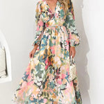 Modinzi Maxi dress Green / 8 (S) Women’s Floral Chiffon Maxi Dress – Elegant V-Neck Flowing Long Dress with Belt