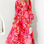 Modinzi Maxi dress Red / 8 (S) Women’s Floral Chiffon Maxi Dress – Elegant V-Neck Flowing Long Dress with Belt