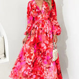 Modinzi Maxi dress Red / 8 (S) Women’s Floral Chiffon Maxi Dress – Elegant V-Neck Flowing Long Dress with Belt