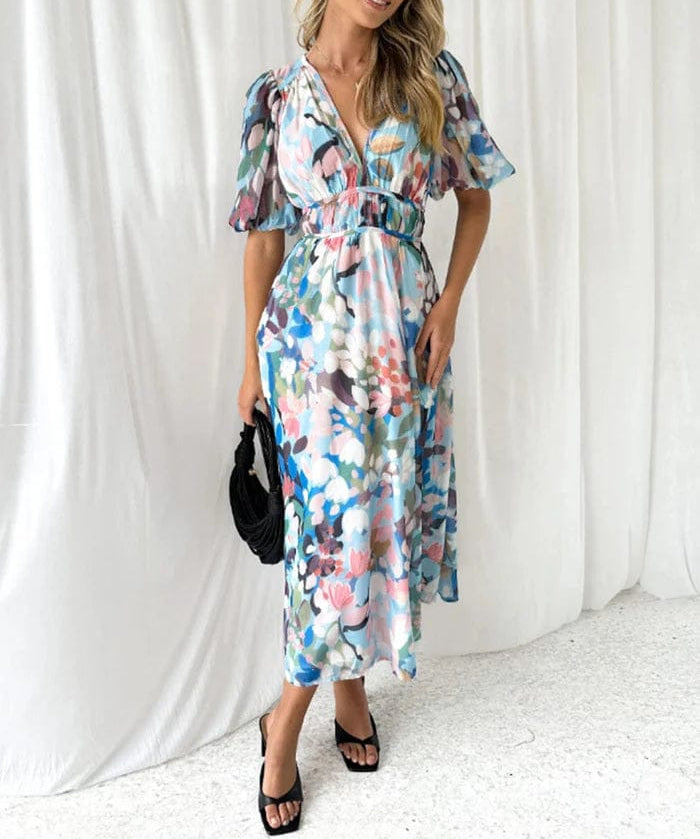 Modinzi Maxi dress Women’s Floral Chiffon Maxi Dress – Elegant V-Neck Flowing Long Dress with Belt