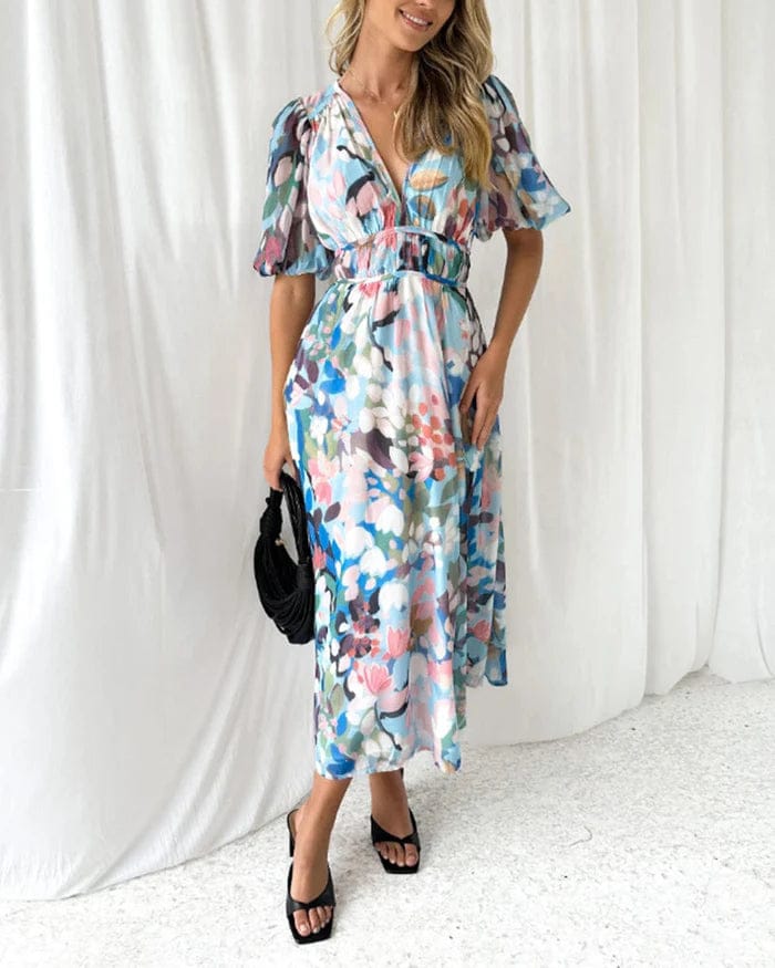 Modinzi Maxi dress Women’s Floral Chiffon Maxi Dress – Elegant V-Neck Flowing Long Dress with Belt