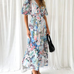 Modinzi Maxi dress Women’s Floral Chiffon Maxi Dress – Elegant V-Neck Flowing Long Dress with Belt