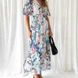 Modinzi Maxi dress Women’s Floral Chiffon Maxi Dress – Elegant V-Neck Flowing Long Dress with Belt