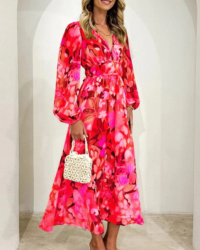 Modinzi Maxi dress Women’s Floral Chiffon Maxi Dress – Elegant V-Neck Flowing Long Dress with Belt