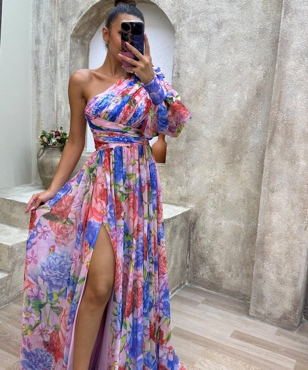 Modinzi Maxi dress Blue / 8 (S) Women’s Floral Chiffon Maxi Dress – One-Shoulder Puff Sleeve