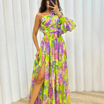 Modinzi Maxi dress Light Green / 8 (S) Women’s Floral Chiffon Maxi Dress – One-Shoulder Puff Sleeve
