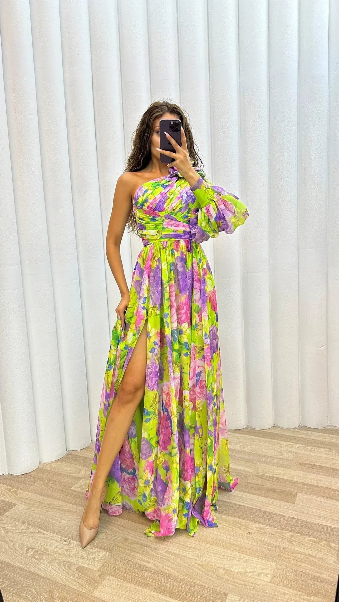 Modinzi Maxi dress Light Green / 8 (S) Women’s Floral Chiffon Maxi Dress – One-Shoulder Puff Sleeve