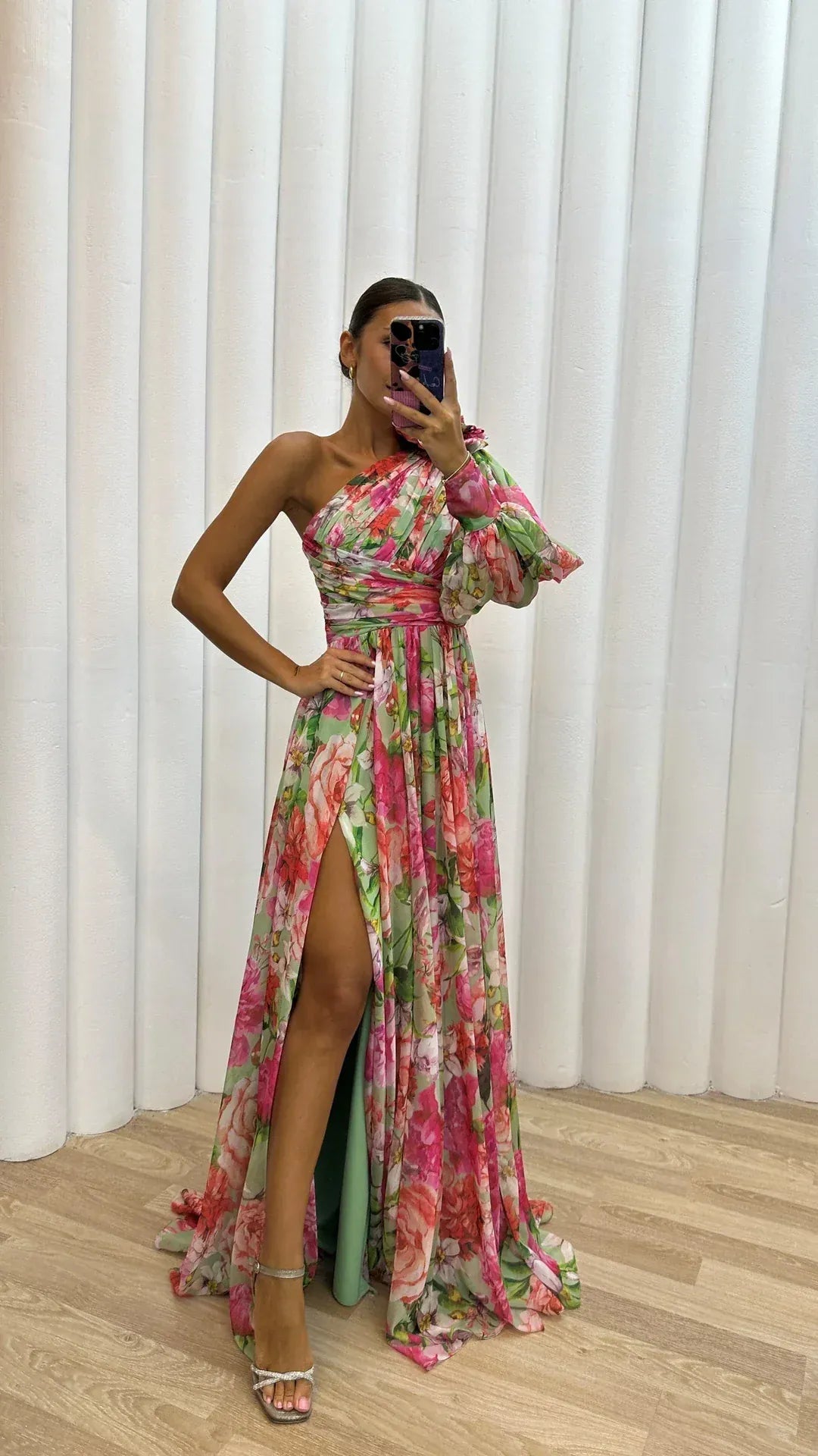 Modinzi Maxi dress Pink / 8 (S) Women’s Floral Chiffon Maxi Dress – One-Shoulder Puff Sleeve