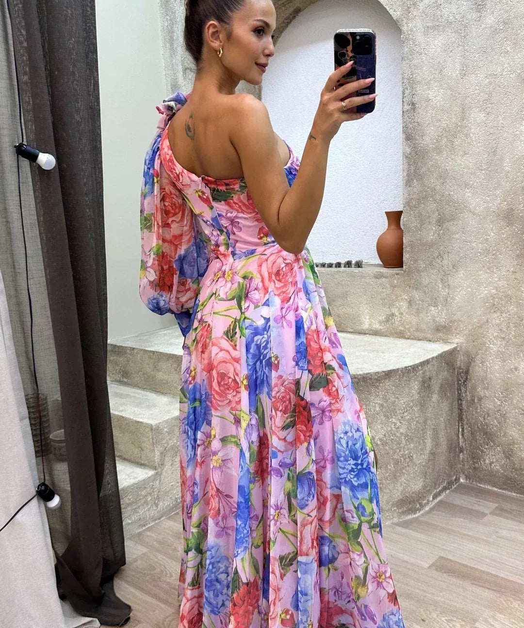 Modinzi Maxi dress Women’s Floral Chiffon Maxi Dress – One-Shoulder Puff Sleeve