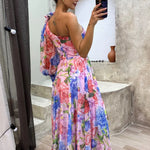 Modinzi Maxi dress Women’s Floral Chiffon Maxi Dress – One-Shoulder Puff Sleeve