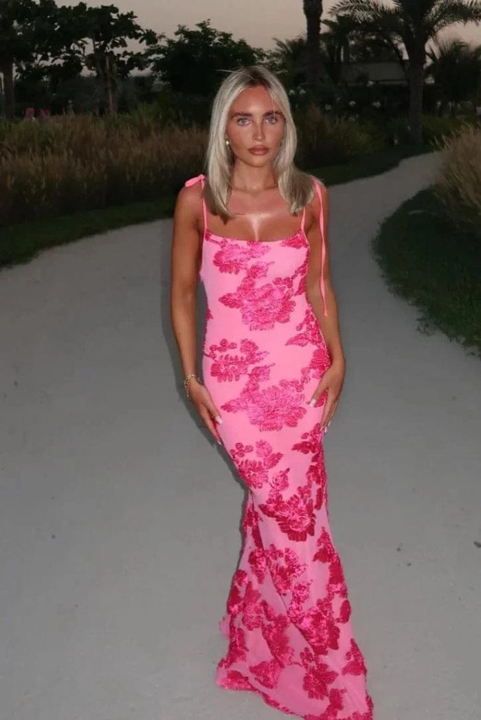 Modinzi Maxi dress Pink / 8 (S) Women’s Floral Lace Appliqué Maxi Dress – Spaghetti Strap Evening Gown