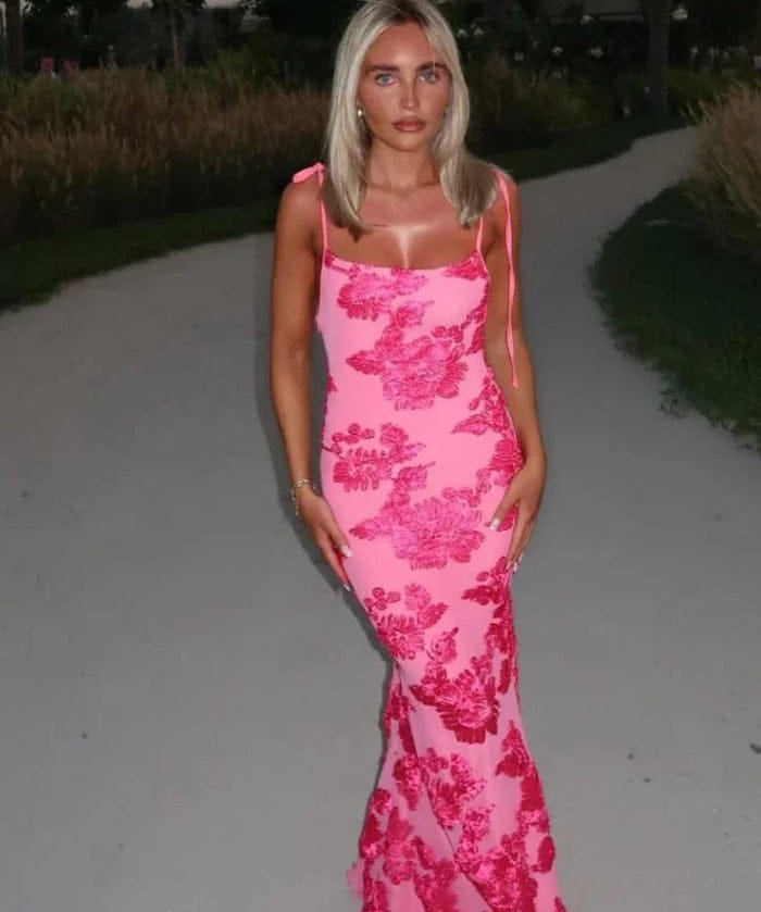 Modinzi Maxi dress Pink / 8 (S) Women’s Floral Lace Appliqué Maxi Dress – Spaghetti Strap Evening Gown